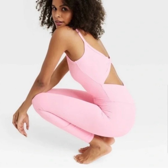 all in motion Pants - Bubblegum Pink Ribbed One-Piece Workout Bodysuit Unitard All In Motion Women 1X